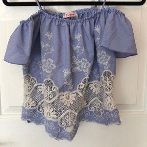 Off the shoulder blue with white lace blouse